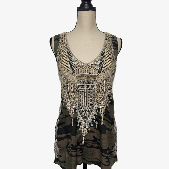 Johnny Was Crochet V Neck Terrazzo and Camo Tank Green Tan Womens size Small - Picture 1 of 8